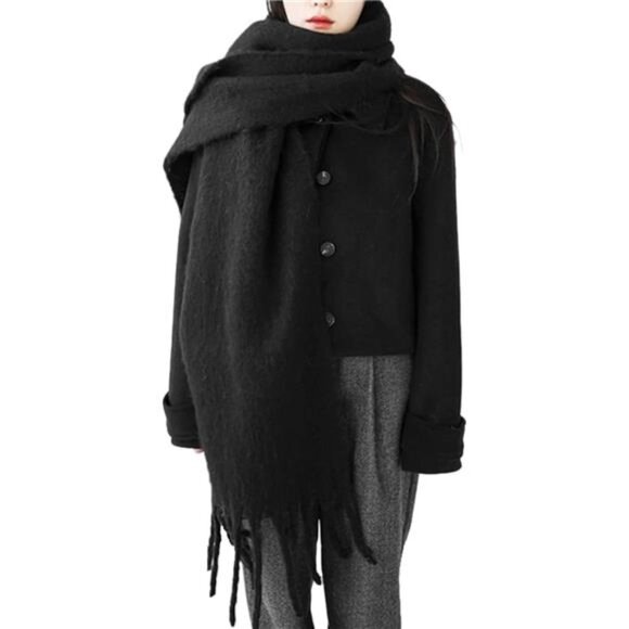 Women Cashmere Feel Scarf, Soft Warm Black - Picture 2 of 6